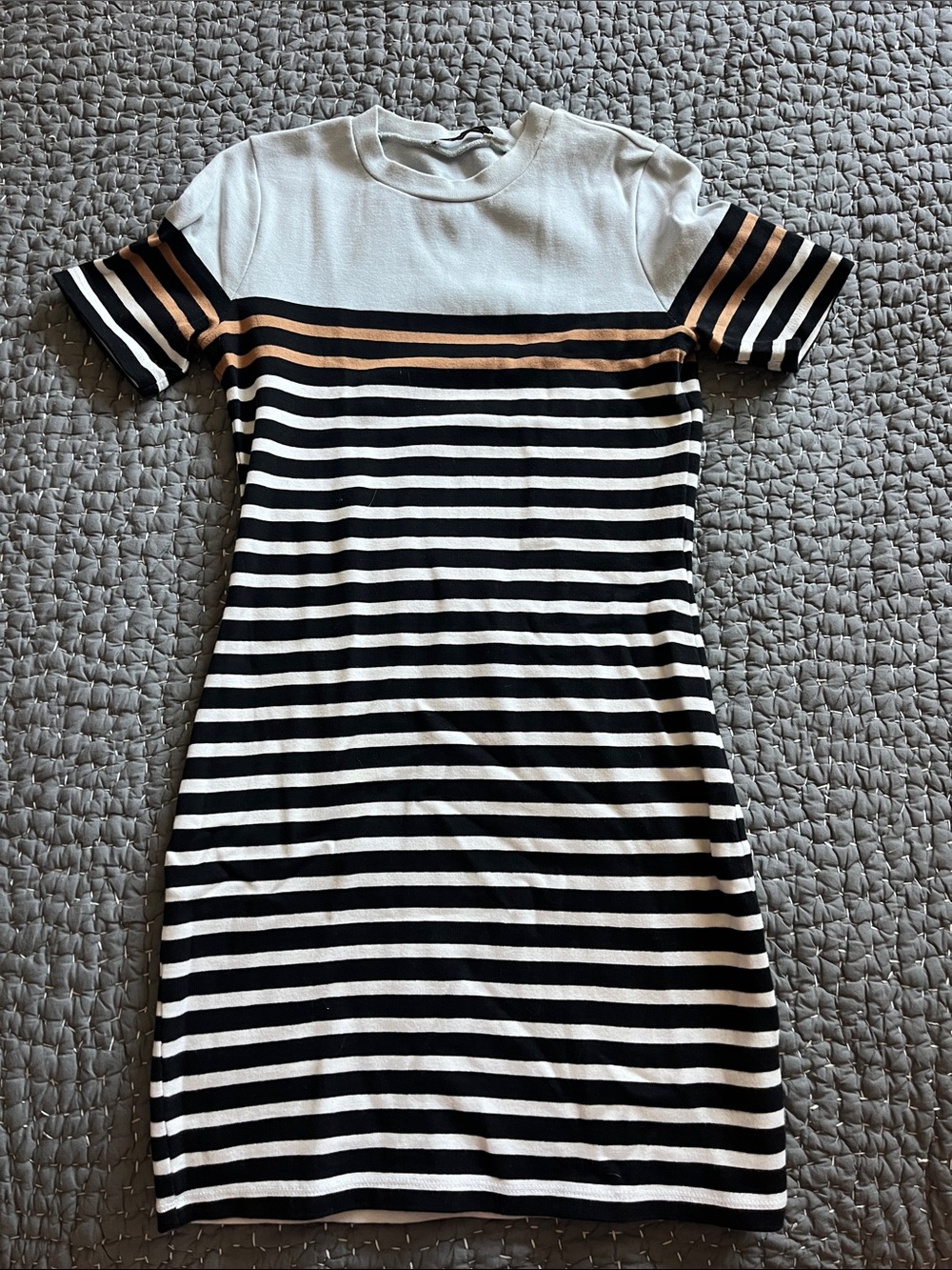 Striped Short-Sleeve Mini Dress in Black, White & Tan